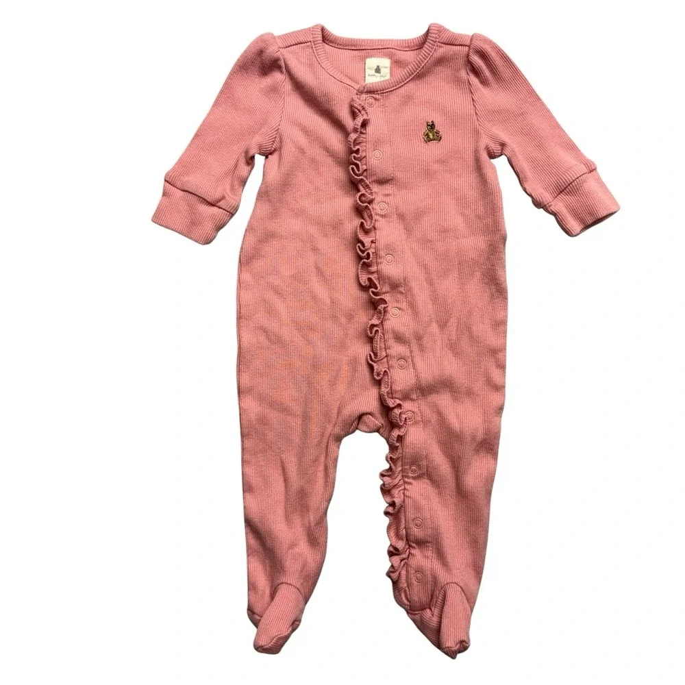 Baby Gap 0-3 Months One Piece Snap Button Ribbed Ruffle Dusty Rose Pink Bear